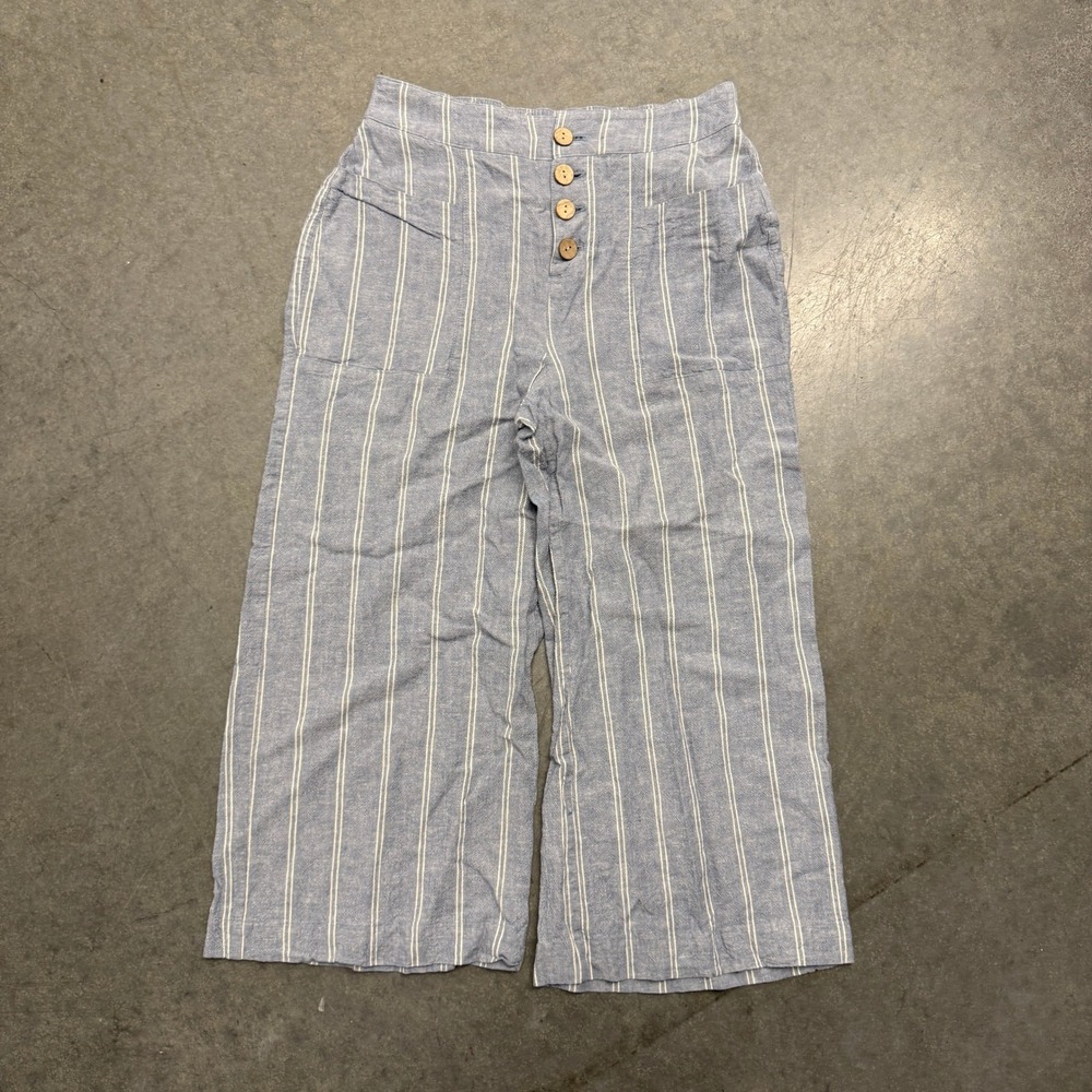 LC Lauren Conrad Blue White Striped Wide Leg Crop Pants XS Button Front